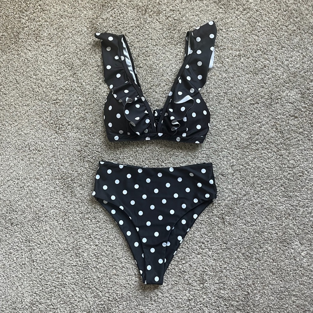 Black and White Polka Dot Swimsuit Bikini Set Bikini Top and Bottom Small